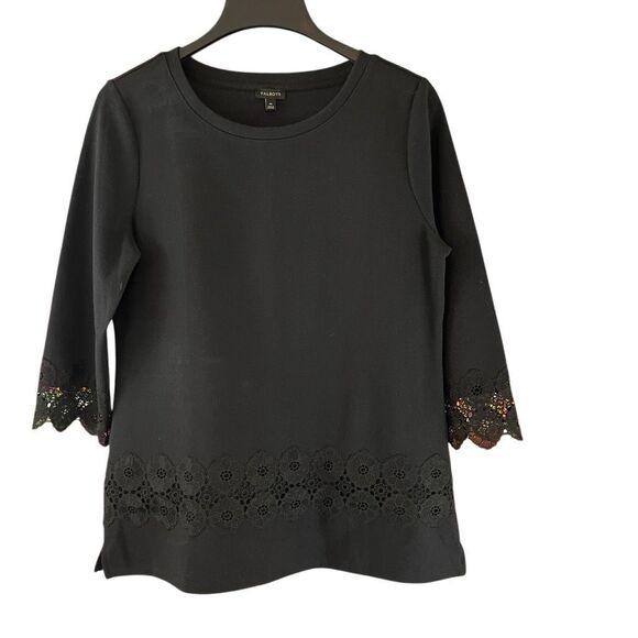 Talbots Black 3/4 Sleeve Lace Trim Sweatshirt Size Medium - Picture 1 of 7